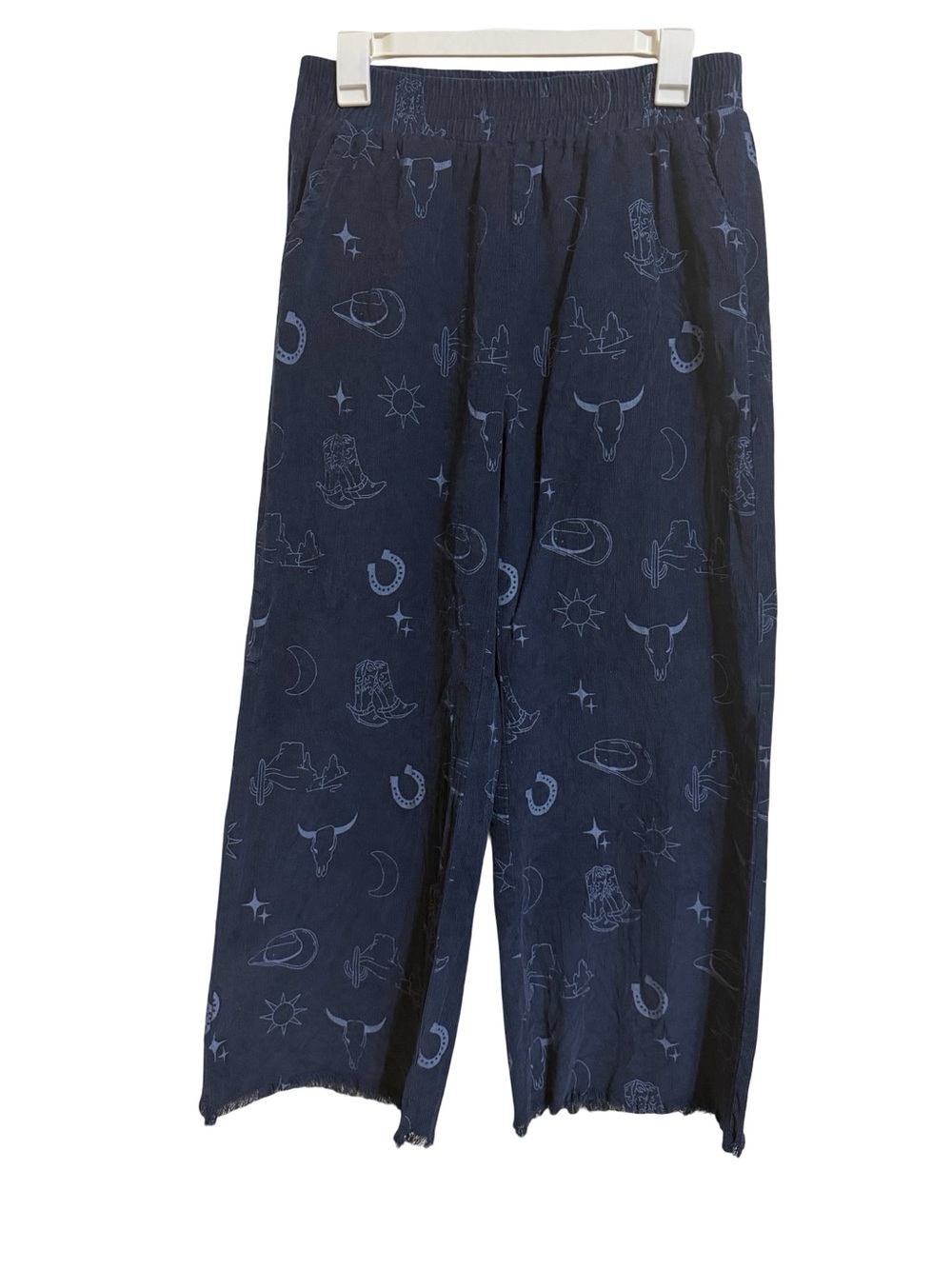 Umgee Women’s Navy Blue Corduroy Pants with Western Print and Raw Hem Sz Medium